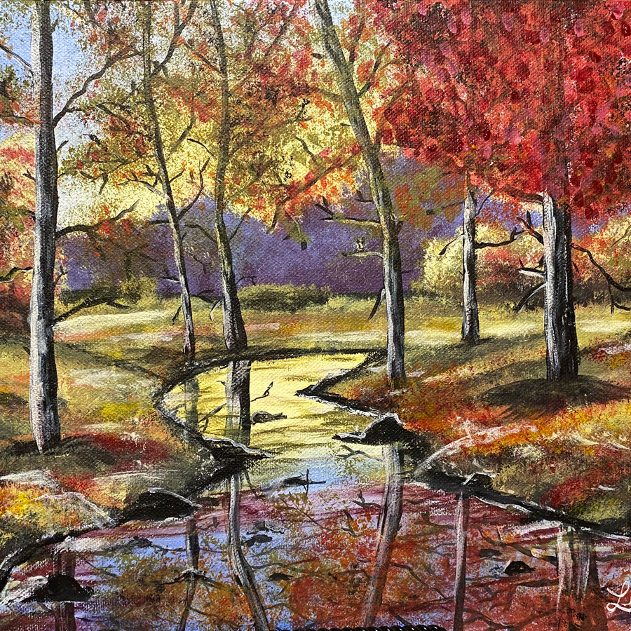 acrylic painting of a fall river scene