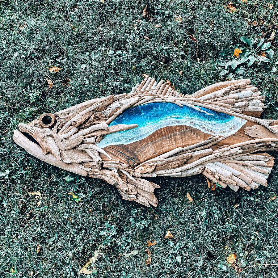 picture of driftwood and epoxy art wall hanging of a bass fish